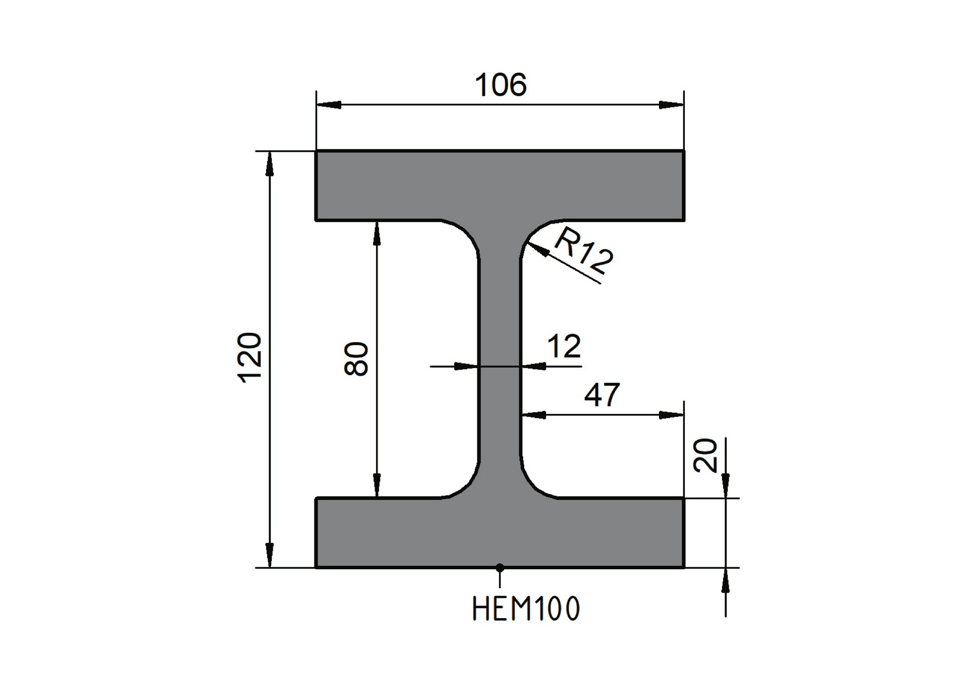 Technische Zeichnung eines Stahlträgers der Konfiguration HEM-100