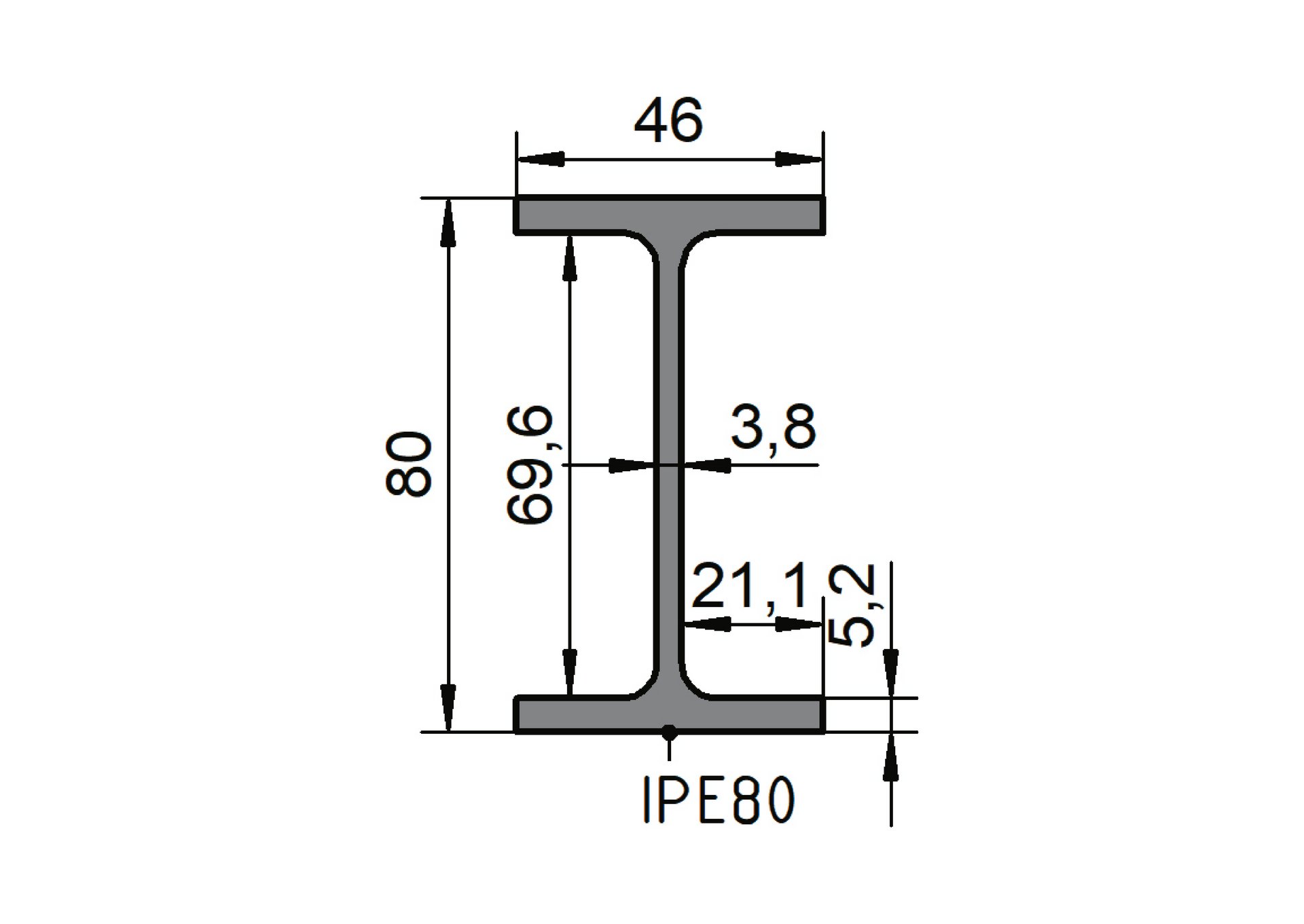 Technische Zeichnung eines Stahlträgers der Konfiguration IPE-80